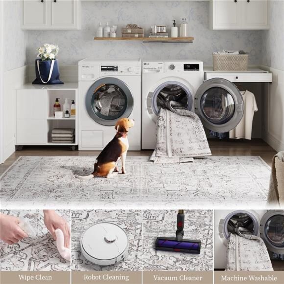 Washable Area Rug Low Pile Bedroom Rug Stain Resistant Vintage Rug Boho Area Rug - Picture 3 of 7